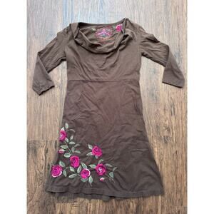 Johnny Was Brown Floral Embroidered Smock Neck Dress